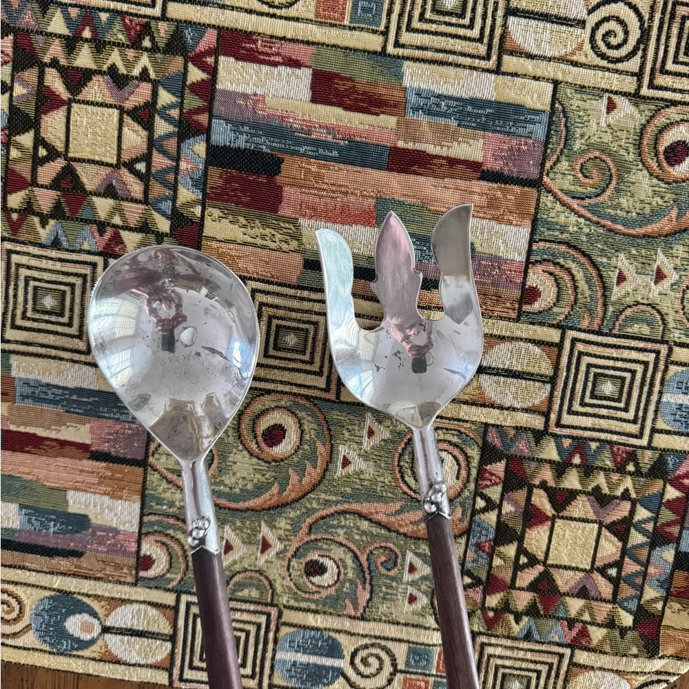 Mid-Century Sterling Silver Salad Servers Wood Handle 13” Plata Mexico‎ DF